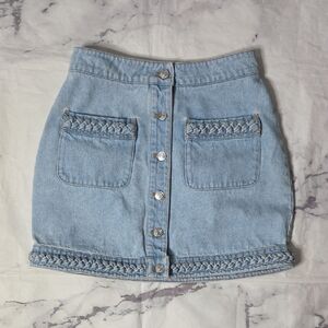 Berenice. Braided-Trim Light Blue Denim Mini Skirt with Front Buttons